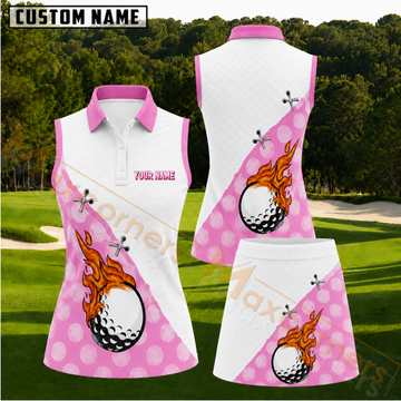 Maxcorners Pink Flaming Golf Ball Pattern Personalized Name 3D Golf Shirt and Skirt