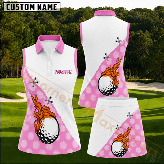 Maxcorners Pink Flaming Golf Ball Pattern Personalized Name 3D Golf Shirt and Skirt