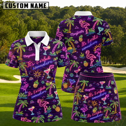 Maxcorners Purple Neon Flamingo Margarita Tropical Pattern 3D Golf Shirt and Skirt (No Personalized Name)