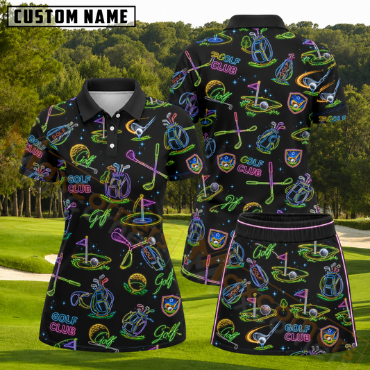 Maxcorners Black Multicolor Neon Golf Club Pattern 3D Golf Shirt and Skirt (No Personalized Name)