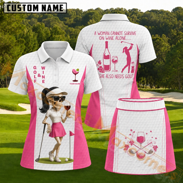 Maxcorners Pink Wine and Skeleton Lady Golfer Personalized Name 3D Golf Shirt and Skirt