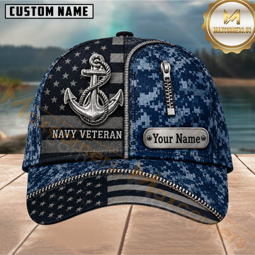 Maxcorners Fishing Navy Veteran American Flag Anchor Customized Name 3D Cap