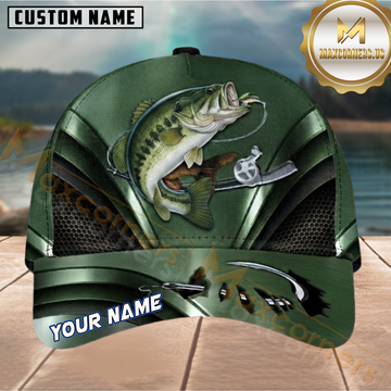 Maxcorners Fishing Largemouth Bass Green Metallic Mesh Customized Name 3D Cap