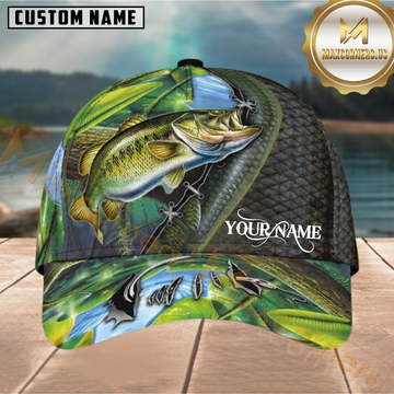 Maxcorners Fishing Largemouth Bass Tropical Green Scale Pattern Customized Name 3D Cap