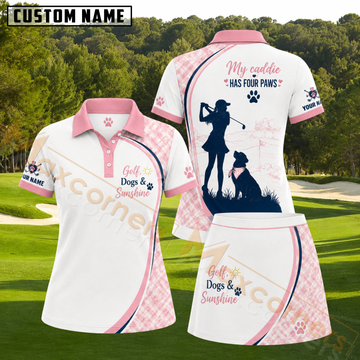 Maxcorners White Pink Plaid Golf Dogs Sunshine Personalized Name 3D Golf Shirt and Skirt