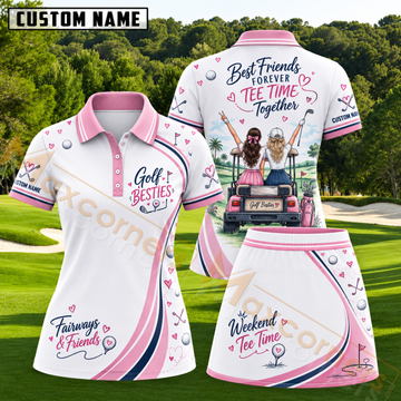 Maxcorners White Pink Golf Besties Fairways And Friends Personalized Name 3D Golf Shirt and Skirt