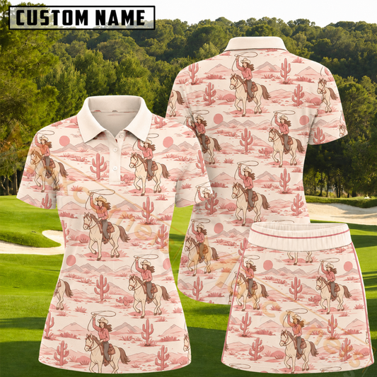 Maxcorners Blush Pink Western Cowgirl and Cactus Pattern 3D Golf Shirt and Skirt (No Personalized Name)
