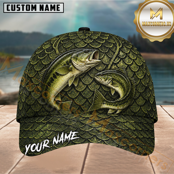Maxcorners Fishing Dual Largemouth Bass Olive Green Customized Name 3D Cap