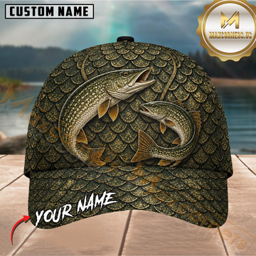 Maxcorners Fishing Dual Northern Pike Olive Green Customized Name 3D Cap