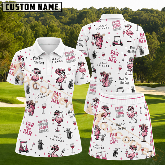 Maxcorners Pink Flamingo Golf and Wine Pattern 3D Golf Shirt and Skirt (No Personalized Name)