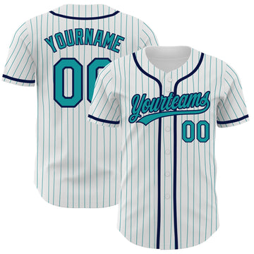 Maxcorners Custom White Teal Pinstripe Teal-Navy Authentic Baseball Jersey LM2605