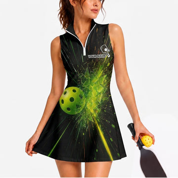 Maxcorners Pickleball Sleeveless Zipper Sports Dress Set Neon Green Energy Pickleball Personalized Name 3D Sleeveless Zipper Sports Dress Set