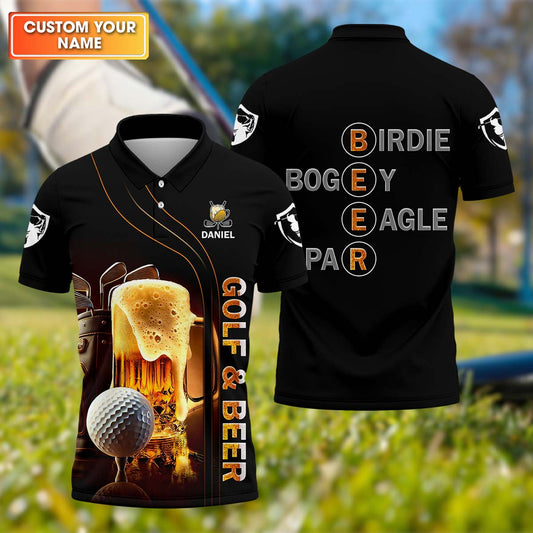Maxcorners Golf And Beer Custom Men's Funny Graphic Golf Polo Shirt, Dad Golf Gift