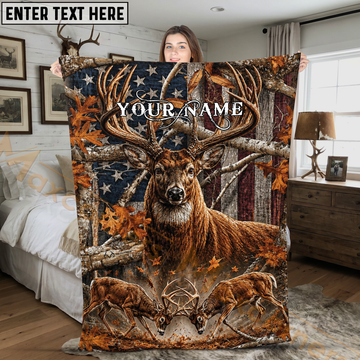 Maxcorners Deer Hunting American Flag Woodland Camo Personalized 3D Blanket