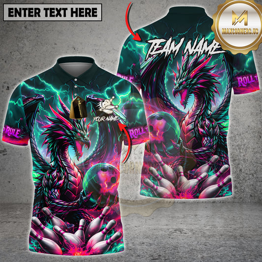 Maxcorners Bowling Dragon Fire Lightning Fantasy Multicolor Options Personalized Name, Team Name 3D Shirt (4 Colors)