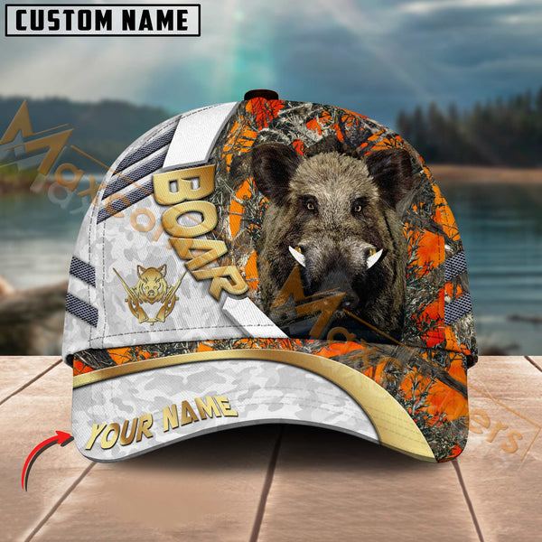Maxcorners Hunting Cap White Orange Camo With Golden Line Personalized Name 3D Cap (Deer/Moose/Elk/Boar)