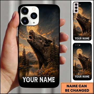 Maxcorners Hunting Roaring Boar Golden Moonlit Mountain Lake Customized Name Phone Case