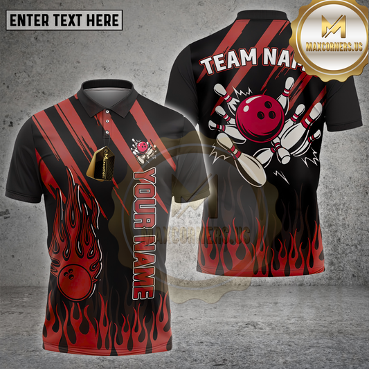 Maxcorners Bowling Shirt Flames Strikes Multicolor Options Personalized Name, Team Name Unisex 3D Shirt (4 Colors)