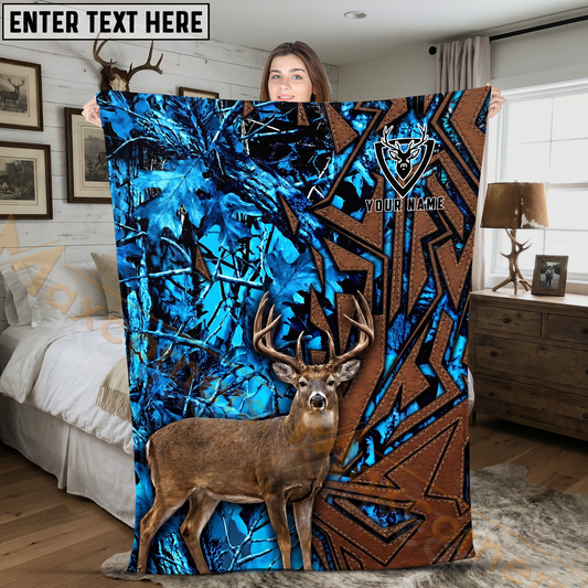 Maxcorners Blue Camouflage Deer Hunting Woodland Personalized 3D Blanket