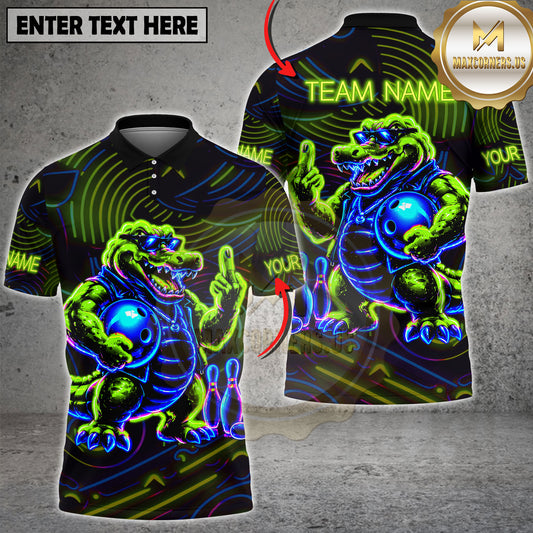 Maxcorners Bowling Alligator Shirt Neon Fire Crocodile Street Style Graphic Multicolor Options Personalized Name, Team Name 3D Shirt (2 Colors)