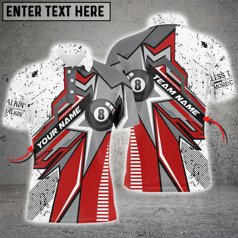 Maxcorners Personalized Red White Grunge 8 Ball Billiards Polo Shirts For Men