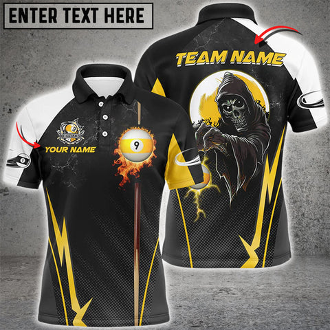 Maxcorners Funny Death Skeleton Billiard Ball 9 Fire And Cue Custom Men Polo Shirts