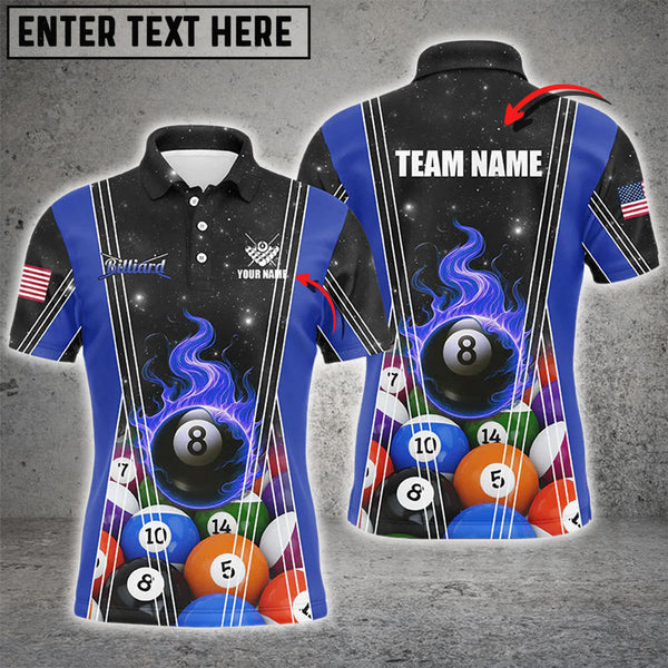 Maxcorners Personalized Blue 8 Ball Pool Fire Flame Billiard Balls Men Polo Shirt