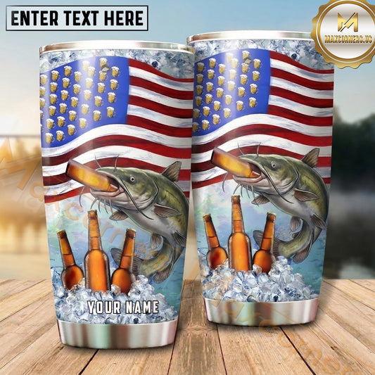 Maxcorners Fishing Tumbler American Flag Beer Bottle Design Personalized Name Tumbler (13 Species)