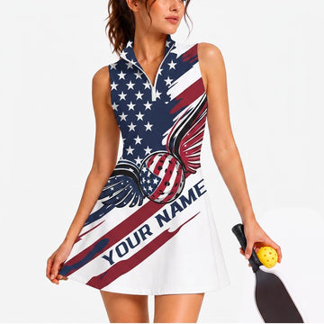 Maxcorners Pickleball Sleeveless Zipper Sports Dress Set American Flag Eagle Sash Personalized Name 3D Sleeveless Zipper Sports Dress Set