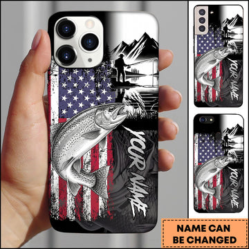 Maxcorners Trout Fishing Patriotic USA Flag Mountain Angler Silhouette Personalized Name Phone Case