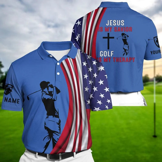 MaxCorners Premium Blue American Flag Jesus Golf Polo Shirts Multicolored Customized Name Polo For Men