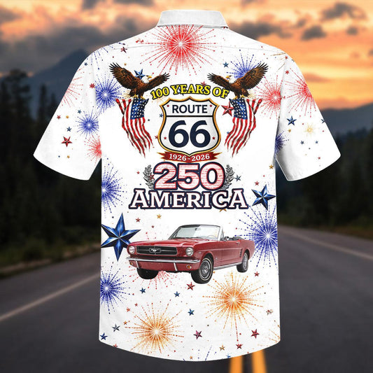 Maxcorners 100 Years of Route 66 & America 250th Anniversary Classic Red Mustang Patriotic White Hawaiian Shirt