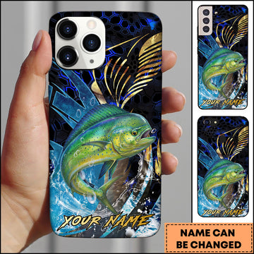 Maxcorners Mahi-Mahi Fishing Blue Honeycomb Splash Art Personalized Name Phone Case