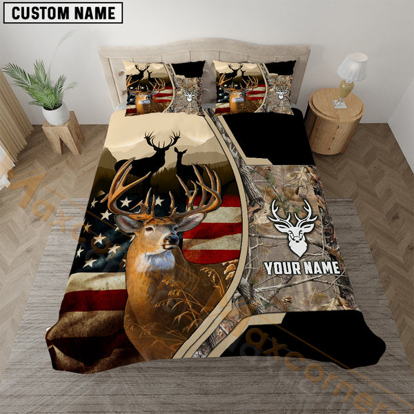 Maxcorners Deer Hunting American Flag Rustic Grass Brown Camo  Bedding Set 3D All Over Printed