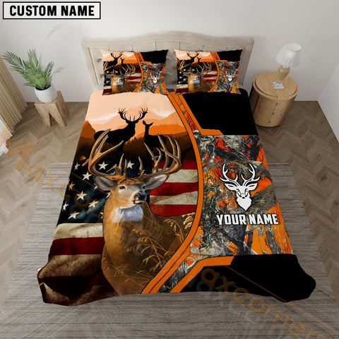 Maxcorners Deer Hunting American Flag Rustic Orange Camo  Bedding Set 3D All Over Printed