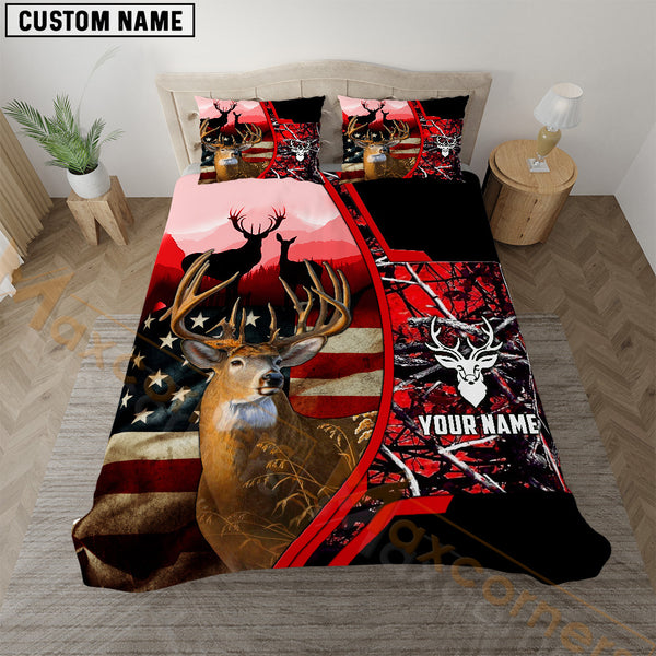 Maxcorners Deer Hunting American Flag Rustic Red Camo  Bedding Set 3D All Over Printed
