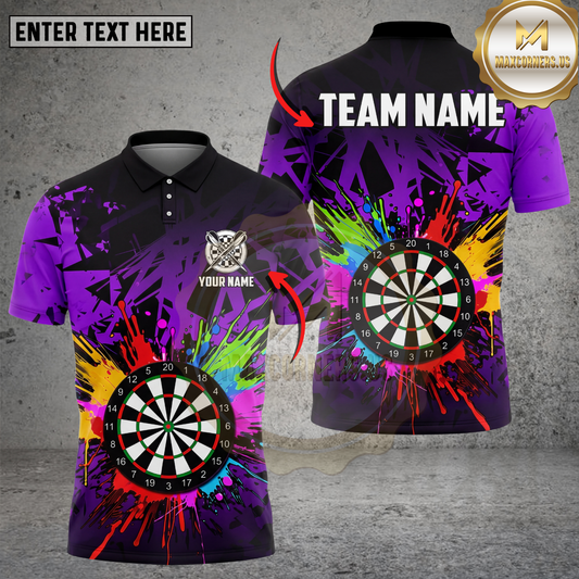 Maxcorners Dart Polo Shirt Color Splash Dartboard Graphic Multicolor Options Personalized Name, Team Name 3D Shirt (4 Colors)