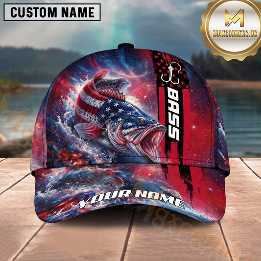 Maxcorners Fishing Patriotic American Flag Stars Stripes Fishing Design with Dynamic Splash Personalized Name 3D Cap (13 Fish Species)