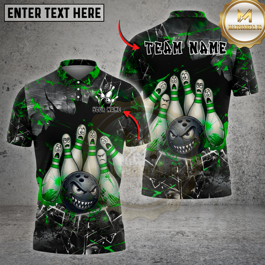 Maxcorners Bowling Horror Strike Shirt Scary Pins Angry Ball Design Multicolor Options Personalized Name, Team Name 3D Shirt (4 Colors)