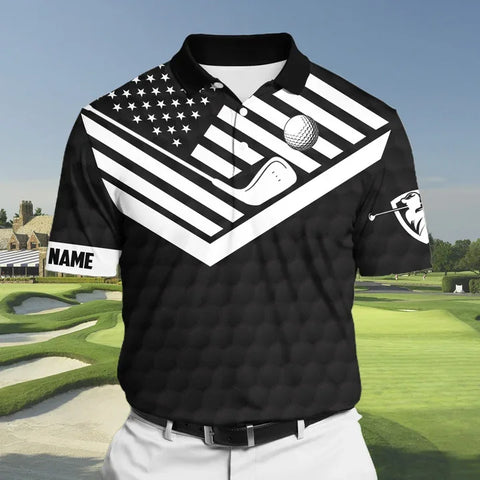 MaxCorners Black Premium Cool American Flag Golf Polo Shirts Multicolored Customized Name Polo For Men