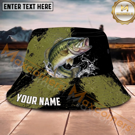 Maxcorners Fishing Olive Splash Camo Personalized Name 3D Bucket Hat (12 Fish Species)