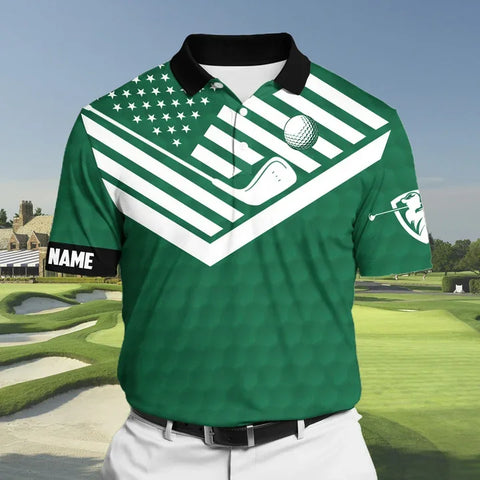 MaxCorners Green Premium Cool American Flag Golf Polo Shirts Multicolored Customized Name Polo For Men