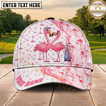 Maxcorners Golf Flamingo Couple and Golf Bag Personalized Name 3D Classic Cap