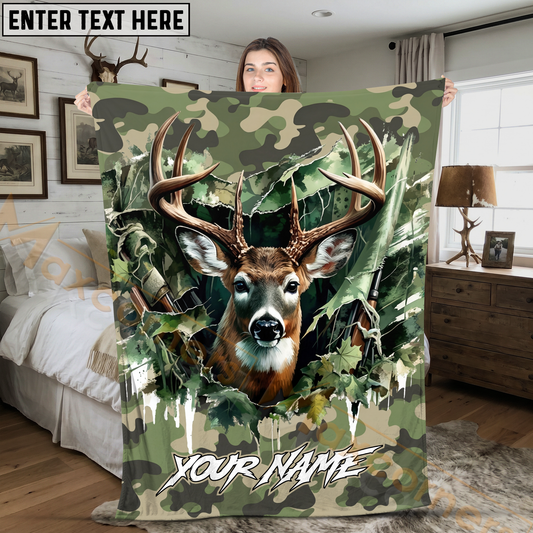 Maxcorners Whitetail Deer Breakthrough Woodland Camo Personalized 3D Blanket