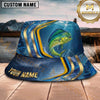 Maxcorners Fishing Blue Gold Wave Personalized Name 3D Bucket Hat (12 Fish Species)