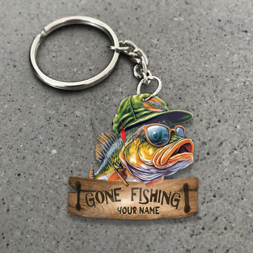 Maxcorners Fishing Keychain Cute Bass Fish With Goggles Hat Gone Fishing Wooden Board Personalized Name 2D Keychain