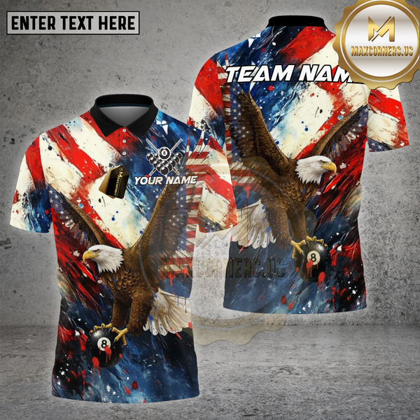 Maxcorners Billiards Shirt Bald Eagle American Flag 8 Ball Splash Art Multioptions Personalized Name, Team Name Unisex 3D Shirt