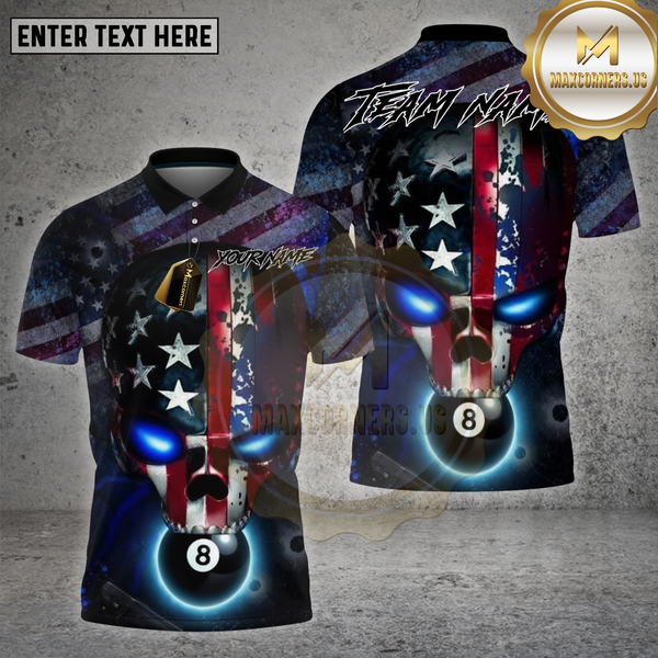 Maxcorners Billiards Shirt USA Flag Skull Flame 8 Ball Multioptions Personalized Name, Team Name Unisex 3D Shirt