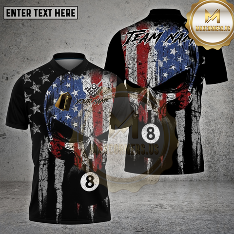 Maxcorners Billiards Shirt American Flag Skull 8 Ball Grunge Style Multioptions Personalized Name, Team Name Unisex 3D Shirt
