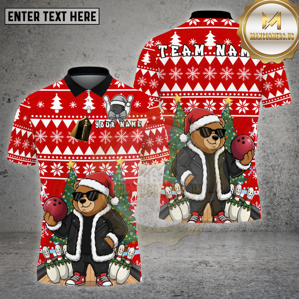 Maxcorners Bowling Shirt Christmas Bear Santa Holiday Pattern Multioptions Personalized Name, Team Name Unisex 3D Shirt
